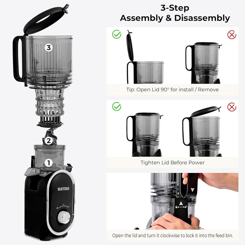 susteas Cold Press Juicer, 300W, 5.3" Large Feed Chute, 1.5L Capacity, Automatic Feeding, High Yield, Easy to Clean, Ideal for Whole Fruits & Vegetables, Black - Image 2